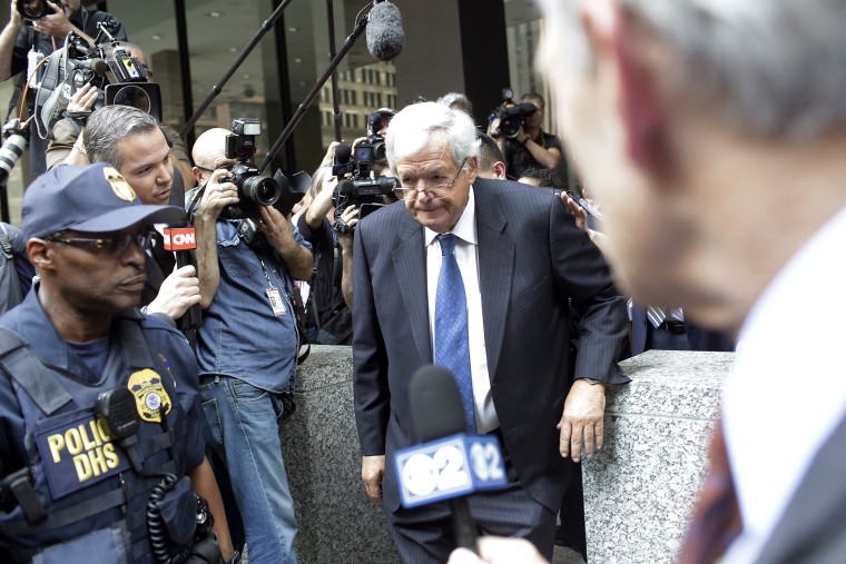Dennis Hastert, the former speaker of the House of Representatives, leaves a federal courthouse after his arraignment in Chicago, June 9, 2015. (Photo by Joshua Lott/The New York Times/Redux)