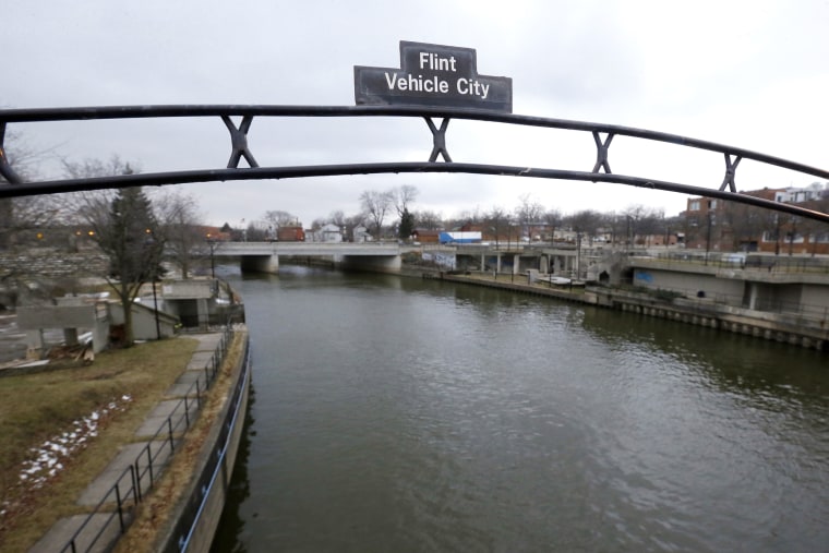 A sign over the Flint River noting Flint, Mich. as Vehicle City on Jan. 26, 2016. (Photo by Carlos Osorio/AP)