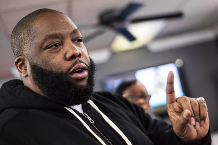 Rapper Killer Mike talks about the South Carolina Democratic presidential primary at Stroy's Barber Shop Friday, Feb. 26, 2016 in Columbia, S.C. (Photo by Sean Rayford/Getty)