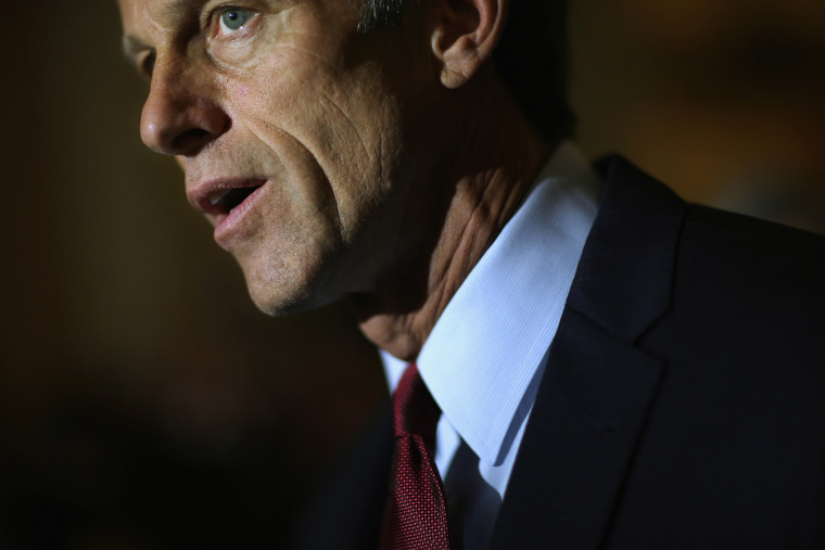 Sen. John Thune talks to reporters after the weekly Senate GOP policy luncheon at the U.S. Capitol on May 19, 2015 in Washington, DC. (Photo by Chip Somodevilla/Getty)