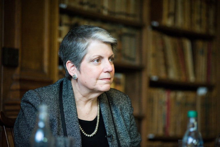 Janet Napolitano, President of University of California, speaking at Oxford Union, Oxford, Britain, Feb. 23, 2016. (Photo by Rex Features/AP)