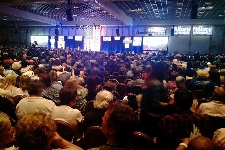 Thousands of people gathered at the Paris casino in Las Vegas for the Nevada State Democratic Convention on May 14, 2016, which saw a controversial voice vote, rule changes, and other issues. (Photo by Michelle Rindels/AP)