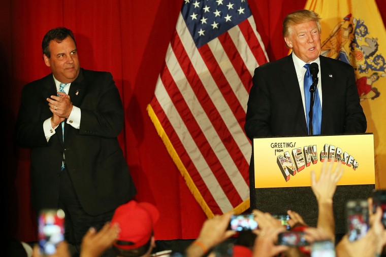 Republican presidential candidate Donald Trump stands on stage with N.J. Gov. Chris Christie at the Lawrenceville National Guard Armory on May 19, 2016 in Lawrenceville, N.J. (Photo by Spencer Platt/Getty)