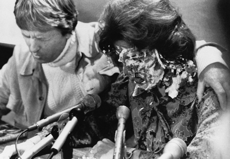 At a press conference for her concert, Anita Bryant had a banana cream pie thrown in her face by Tom Higgins, a gay rights activist from Minneapolis, on Oct. 14, 1977 in Den Moines. (Photo by AP)