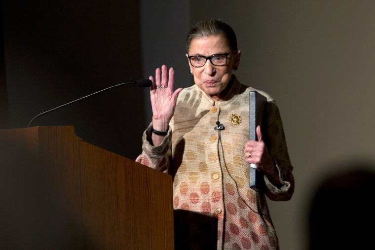 Supreme Court Justice Ruth Bader Ginsburg waves after speaking at the U.S. Court of Appeals Second Circuit Judicial Conference, May 26, 2016, in Saratoga Springs, N.Y. (Photo by Mike Groll/AP)