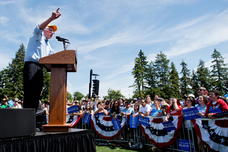 Democratic presidential candidate Sen. Bernie Sanders, I-Vt., speaks during a campaign rally at the Cubberley Community Center, June 1, 2016, in Palo Alto, Calif. (Photo by Noah Berger/AP)