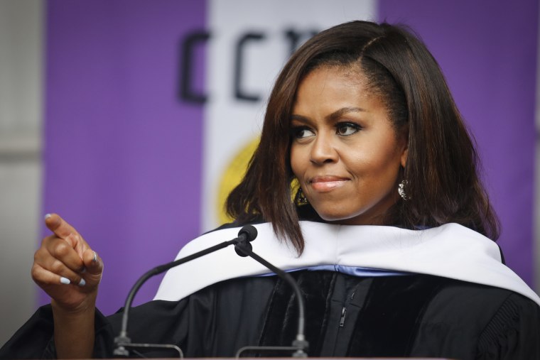 First Lady Michelle Obama speaks to members of the class of 2016 in her final commencement speech as first lady, June 3, 2016, during commencement at CCNY in New York. (Photo by Bebeto Matthews/AP)