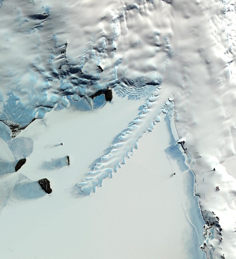 Erebus glacier in Antarctica and its 12 km long ice tongue protruding into McMurdo Sound.