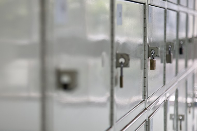 Close up of a row of school lockers. (Photo by GS/Gallery Stock)