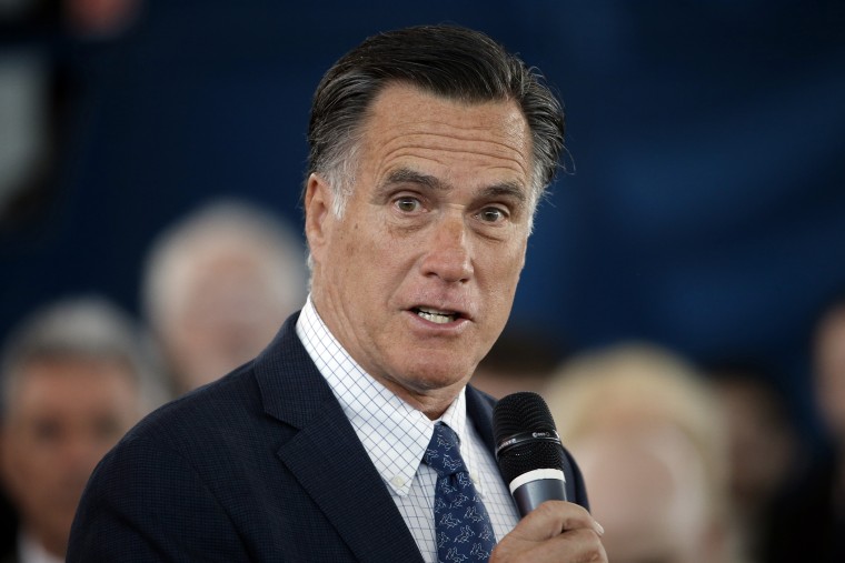 Former Republican presidential candidate Mitt Romney speaks during Republican presidential candidate, Ohio Gov. John Kasich campaign stop on March 14, 2016, at the MAPS Air Museum in North Canton, Ohio. (Photo by Matt Rourke/AP)