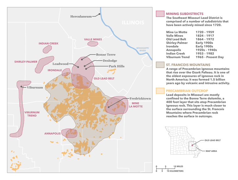 A map of the Old Lead Belt and neighboring mining subdistricts in Missouri. (Graphic by Benjamin Hoste)