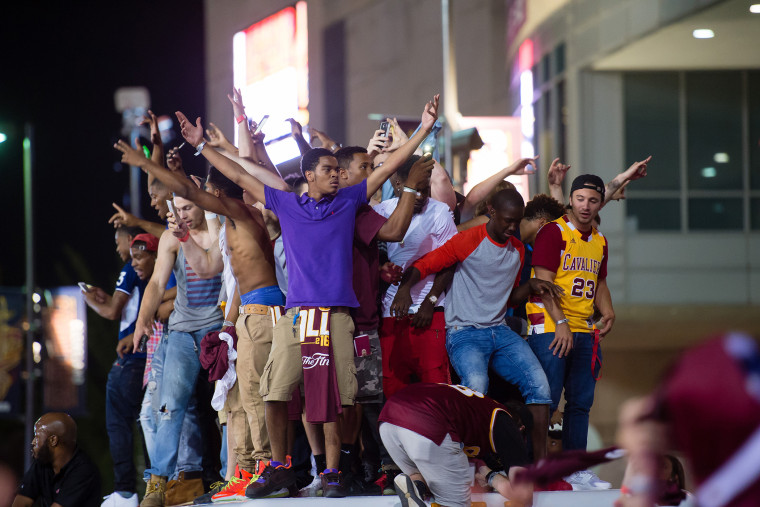 Fans react to a play during the Cleveland Cavaliers NBA Finals Game Seven watch party at Quicken Loans Arena on June 19, 2016 in Cleveland, Ohio. (Photo by Jason Miller/Getty)