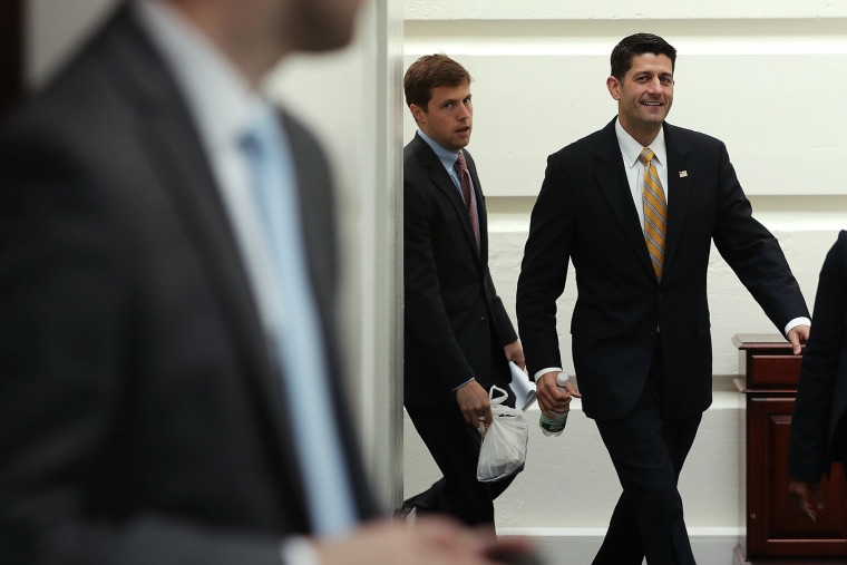 U.S. Speaker of the House Rep. Paul Ryan (R-WI) (R) arrives at a House Republican Conference meeting June 22, 2016 at the Capitol in Washington, DC. (Photo by Alex Wong/Getty)