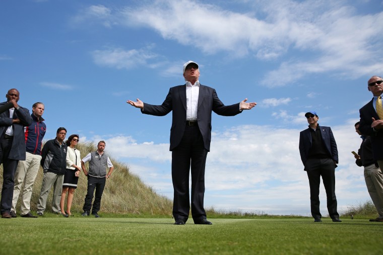 Republican presidential candidate Donald Trump speaks to the media on the golf course at his Trump International Golf Links in Aberdeen, Scotland, June 25, 2016. (Photo by  Carlo Allegri/Reuters )