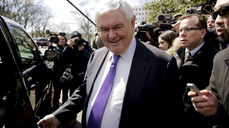 Former Speaker of the House Newt Gingrich is followed by the media as he walks from a meeting with Republican presidential candidate Donald Trump in Washington, March 21, 2016. (Photo by Joshua Roberts/Reuters)