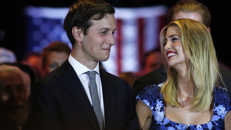 Ivanka Trump smiles at her her husband, Jared Kushner (L), as her father Republican presidential front runner Donald Trump speaks to supporters and the media on May 3, 2016 in New York, N.Y. (Photo by View press/Corbis/Getty)