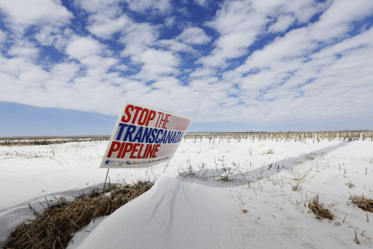 In this March 11, 2013, file photo, a sign reading \"Stop the Transcanada Pipeline\" stands in a field near Bradshaw, Neb. (Photo by Nati Harnik/AP)