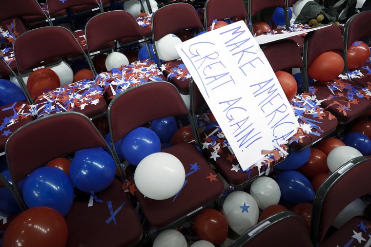 A sign is left on the chairs as delegate leaves after the Republican National Convention on July 21, 2016 in Cleveland, Ohio. (Photo by Carolyn Kaster/AP)