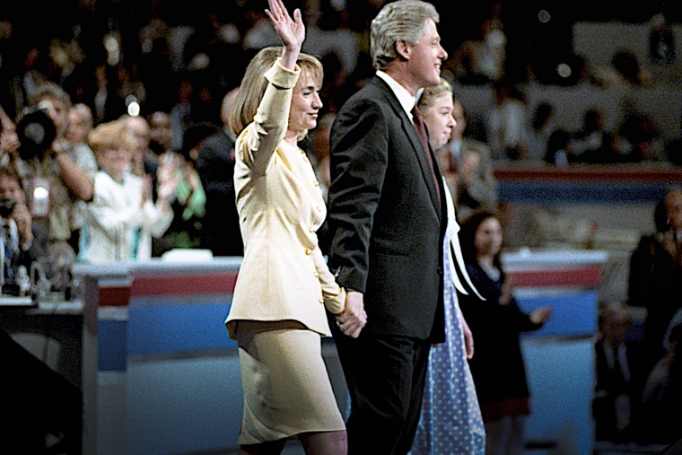 Former Gov. Bill Clinton introduces his wife Hillary and daughter Chelsea to the 1992 Democratic National Convention in New York, NY. (Photo by Mark Reinstein/Corbis/Getty)