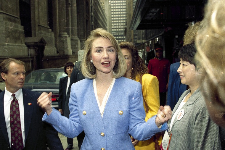 Hillary Rodham Clinton is seen after she spoke to the Calif. delegation during the Democratic National Convention on July 14, 1992 in New York, N.Y. (Photo by Richard Drew/AP)
