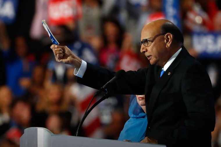 Khizr Khan, father of deceased Muslim U.S. Soldier, delivers remarks on the fourth day of the Democratic National Convention, July 28, 2016 in Philadelphia, Pa. (Photo by Aaron P. Bernstein/Getty)