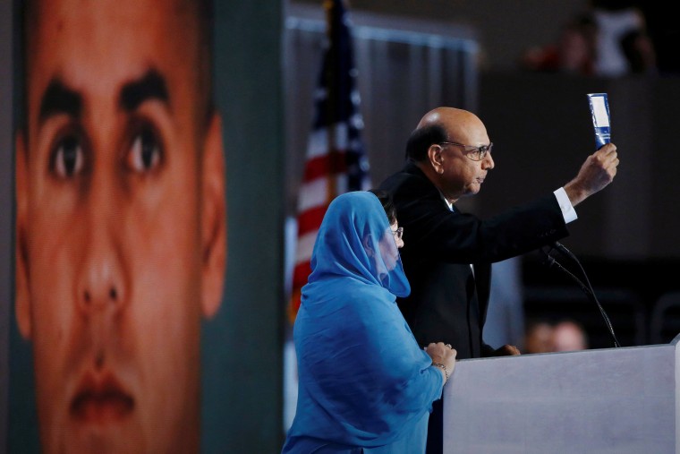 Khizr Khan, who's son Humayun (L) was killed serving in the U.S. Army, speaks at the Democratic National Convention in Philadelphia, Penn., July 28, 2016. (Photo by Lucy Nicholson/Reuters)
