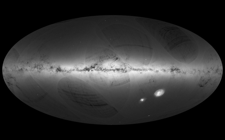 An all-sky view of stars in our Galaxy – the Milky Way – and neighbouring galaxies, based on the first year of observations from ESA’s Gaia satellite, from July 2014 to September 2015.
