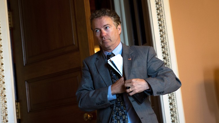 Sen. Rand Paul (R-KY) emerges from a closed-door weekly policy meeting with Senate Republicans, at the U.S. Capitol, May 10, 2016, in Washington, D.C. (Photo by Drew Angerer/Getty)