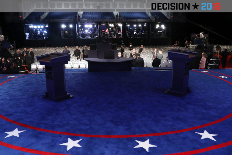 Image showing the empty stage of the first presidential debate at Hofstra University's David & Mack Sport and Exhibition Complex, Sept. 26, 2016 in Hempstead, N.Y.  (Photo by Joe Raedle/Pool/AFP/Getty)