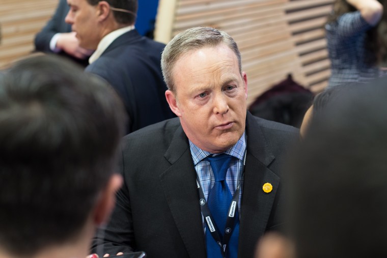 Sean Spicer speaks to reporters in the spin room after the New Hampshire Republican presidential primary debate at Saint Anselm College in Manchester, N.H. on Feb. 6, 2016. (Photo by Meredith Dake-O'Connor/CQ Roll Call/Getty)