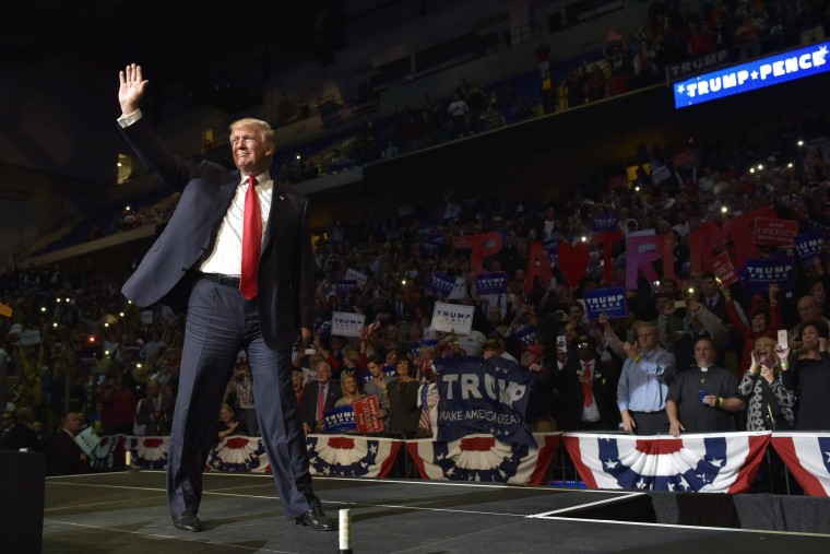 Republican presidential nominee Donald Trump arrives on stage for a rally at Mohegan Sun Arena, Oct. 10, 2016, in Wilkes-Barre, Pa. (Photo by Mandel Ngan/AFP/Getty)