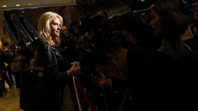 Senior adviser to President-elect Donald Trump, Kellyanne Conway, speaks to journalists in the lobby of the Trump Tower, in New York, N.Y., on Nov. 21, 2016. (Photo by Aude Guerrucci/Pool/EPA)