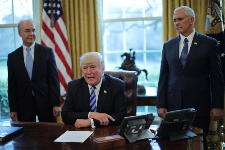 Image: President Trump talks to journalists at the Oval Office of the White House after the AHCA health care bill was pulled before a vote, accompanied by U.S. Health and Human Services Secretary Price and Vice President Pence, in Washington