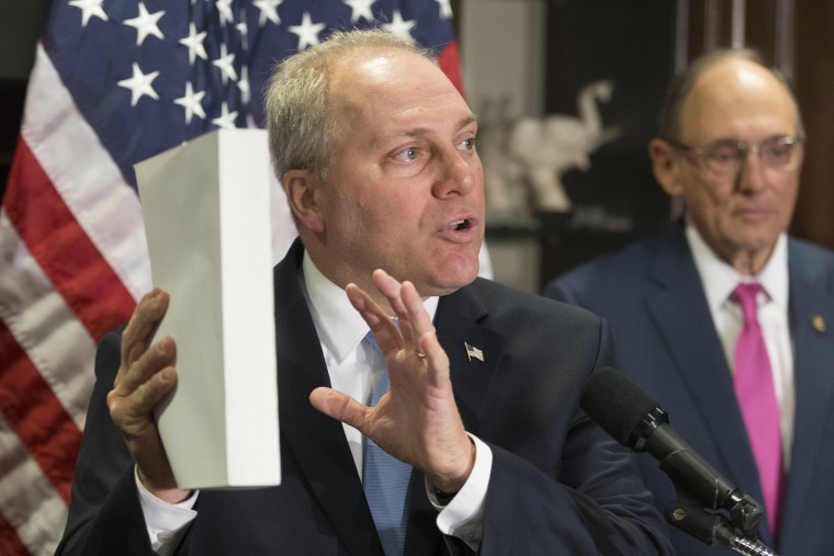 (FILE) Republican Representative from Louisiana Steve Scalise holds a copy of the Affordable Care Act, also known as 'Obamacare', during a news conference held by House Republican leadership, March 8, 2017.
