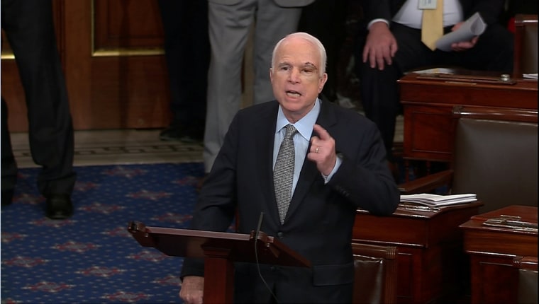 Image: Still image from video shows U.S. Senator McCain speaking on the floor of the U.S. Senate after a vote on healthcare reform in Washington