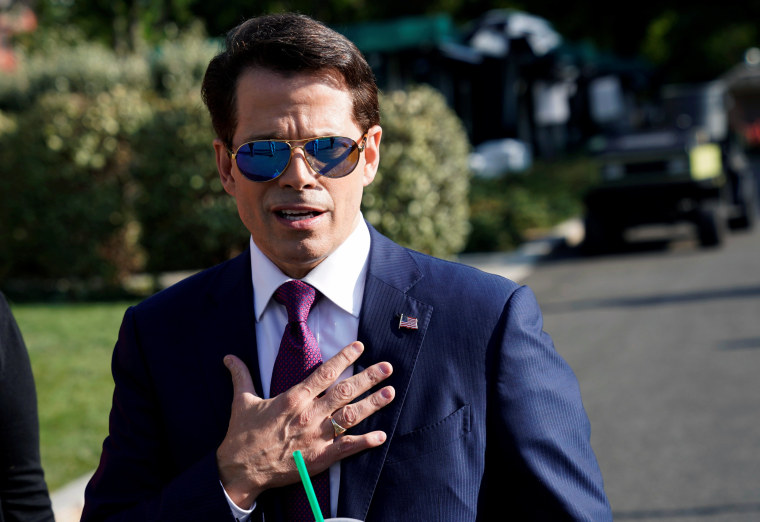 Image: White House Communications Director Anthony Scaramucci speaks after an on air interview at the White House in Washington