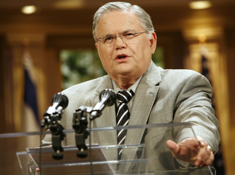 The Rev. John Hagee speaks during a news conference held at the Cornerstone Church in San Antonio on Friday, May 23, 2008.