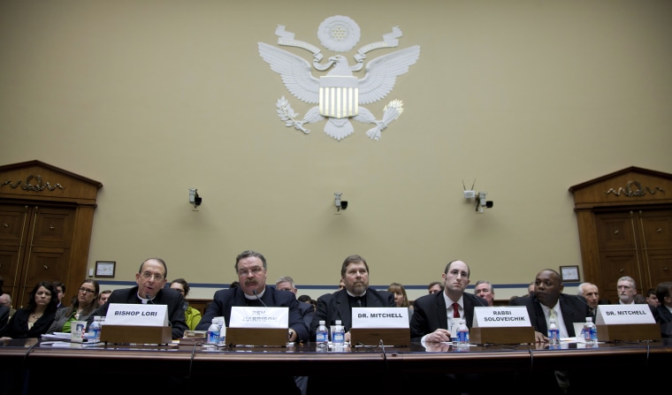 A panel of male religious officials testify on Capitol Hill in Washington, Thursday, Feb. 16, 2012, before the House Oversight and Government Reform Committee hearing.