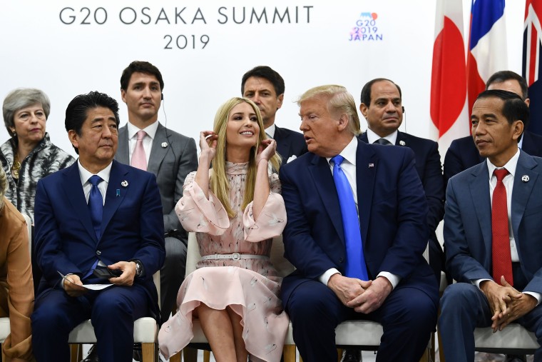 In this file photo taken on June 29, 2019 (front L-R) Japan's Prime Minister Shinzo Abe, advisor to the US President Ivanka Trump, US President Donald Trump and Indonesia's President Joko Widodo attend an event on women's empowerment during the G20 Summit