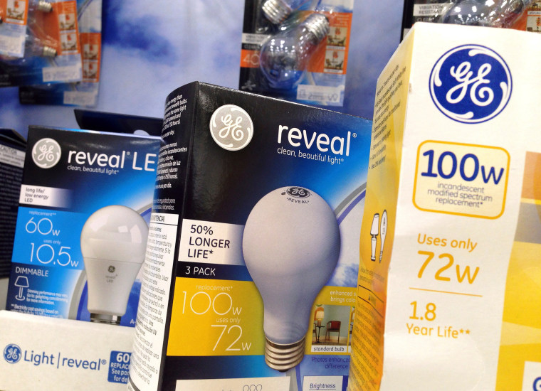 This Jan. 17, 2017, file photo shows General Electric light bulbs on display at a store, in Wilmington, Mass.