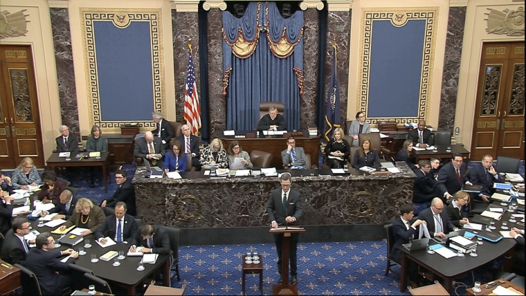 In this image from video, White House deputy counsel Patrick Philbin speaks during the impeachment trial against President Donald Trump in the Senate at the U.S. Capitol in Washington, Monday, Jan. 27, 2020.