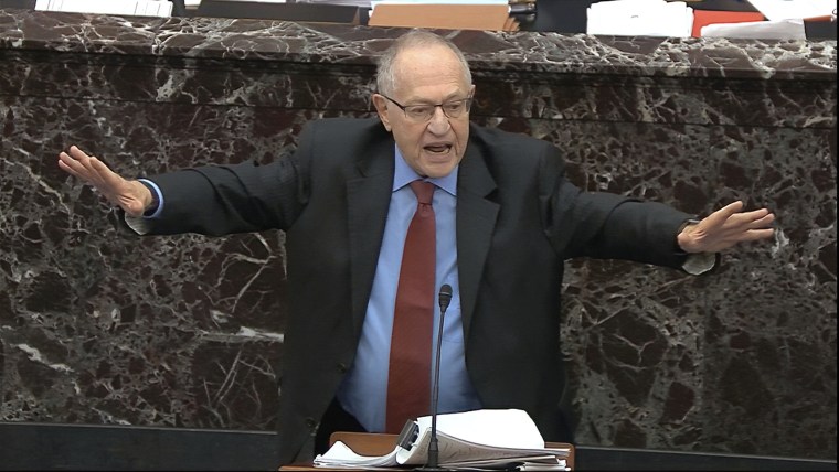 In this image from video, Alan Dershowitz, an attorney for President Donald Trump answers a question during the impeachment trial against Trump in the Senate at the U.S. Capitol in Washington, Wednesday, Jan. 29, 2020.