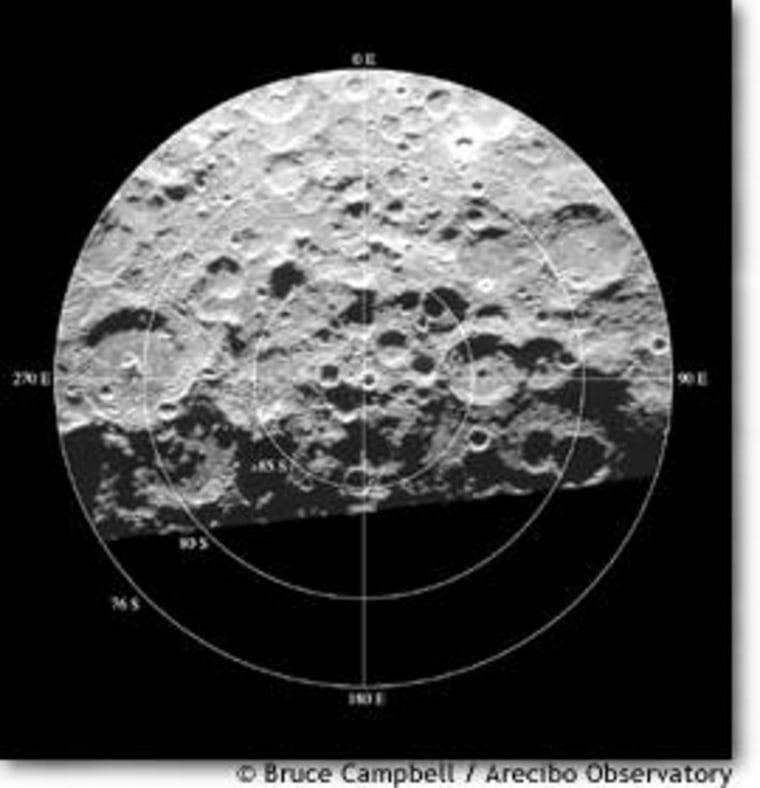 This is a radar image of the south pole of the moon, captured by the Arecibo Observatory in Puerto Rico. Scientists say some water ice lies within the permanently shadowed polar craters ... but how much?