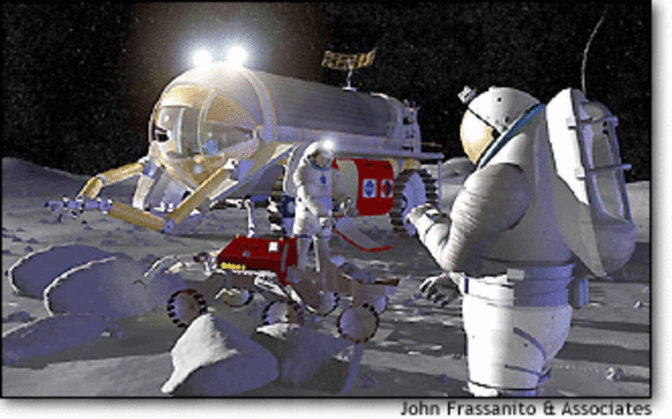 In this artist's conception, robots and humans work together to transform the moon into a 21st-century hub for science and a jumping-off point for deep space missions.