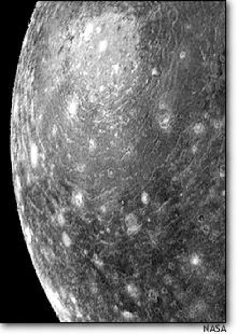 This NASA image highlights Valhalla Basin, a multiring feature on Callisto that was created by a massive impact smashing into the moon's ice. Magnetic readings hint that the ice on Callisto, one of Jupiter's moons, may conceal a subsurface ocean.