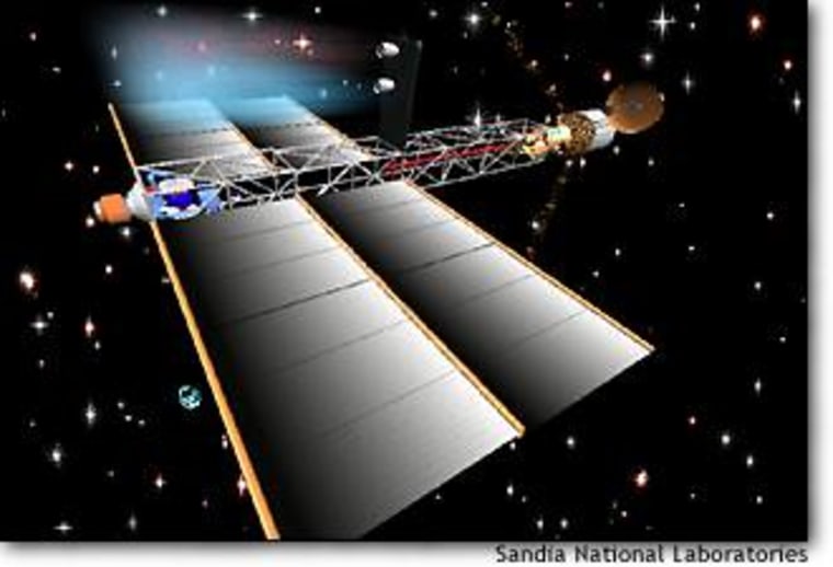 This artist's conception, provided by Sandia physicist Roger Lenard, shows what a nuclear-powered interstellar craft might look like.