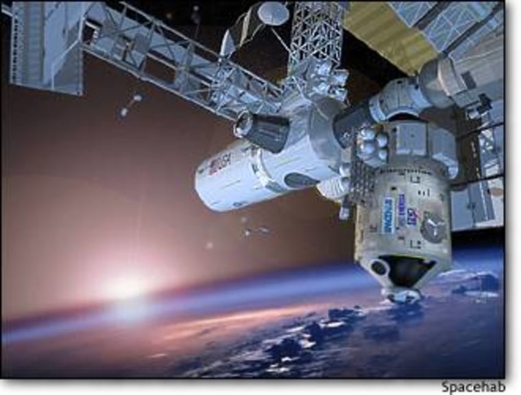 An artist's conception shows the Enterprise module hanging down from a port on the International Space Station.