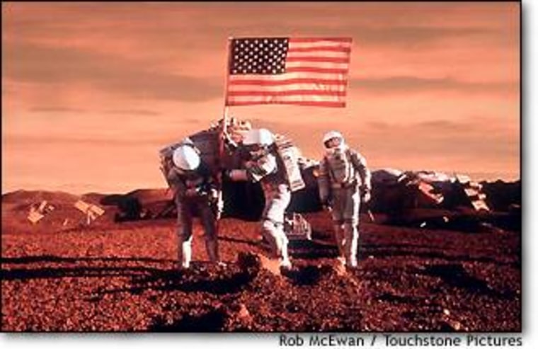 Will human hands ever raise a flag on the Red Planet, as shown in this scene from "Mission to Mars"? The question isn't so much a matter of "if" as "when." Experts say such a mission could be mounted -- but at a cost of tens of billions of dollars.