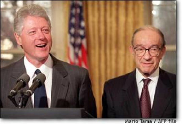 US President Bill Clinton reappointing Alan Greenspan as Federal Reserve chairman in January, 1999.