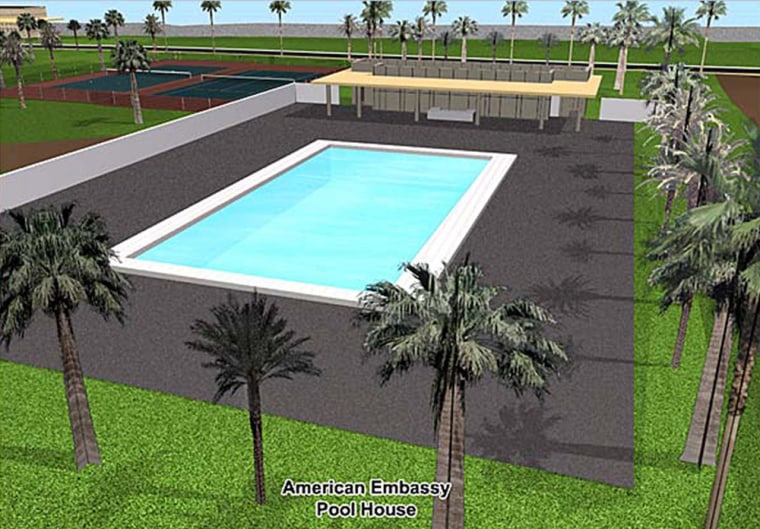 This computer generated architectural rendering recently posted on the architect's web site reportedly shows the pool house in the American Embassy complex in Baghdad, Iraq, currently under construction. Detailed plans for the new U.S. Embassy now under construction in Baghdad appeared online Thursday, May 31, 2007, in a breach of the tight security surrounding the sensitive project that will be America's largest diplomatic mission abroad. The post was removed by the company from its web site shortly after being contacted about it by the State Department. (AP Photo)